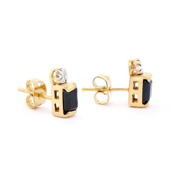 Art Deco Retro Inspired Plated 18KT Yellow Gold Black Sapphire Diamond Earrings - Picture 2 of 3